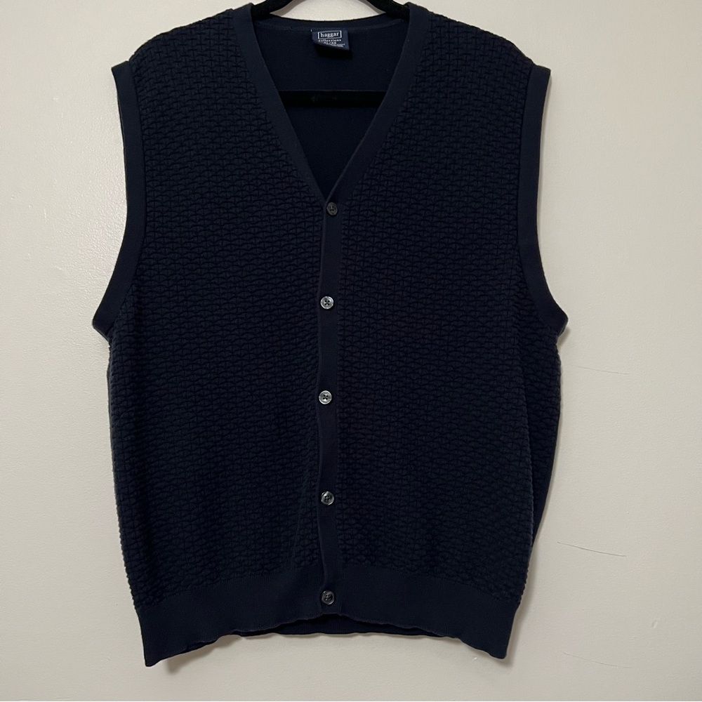 Vintage Haggar Collections XL Navy Blue Button-Up Knit‎ Sweater Vest 100% Cotton